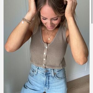 Miou Muse knitted button down sweater vest top in khaki, Small